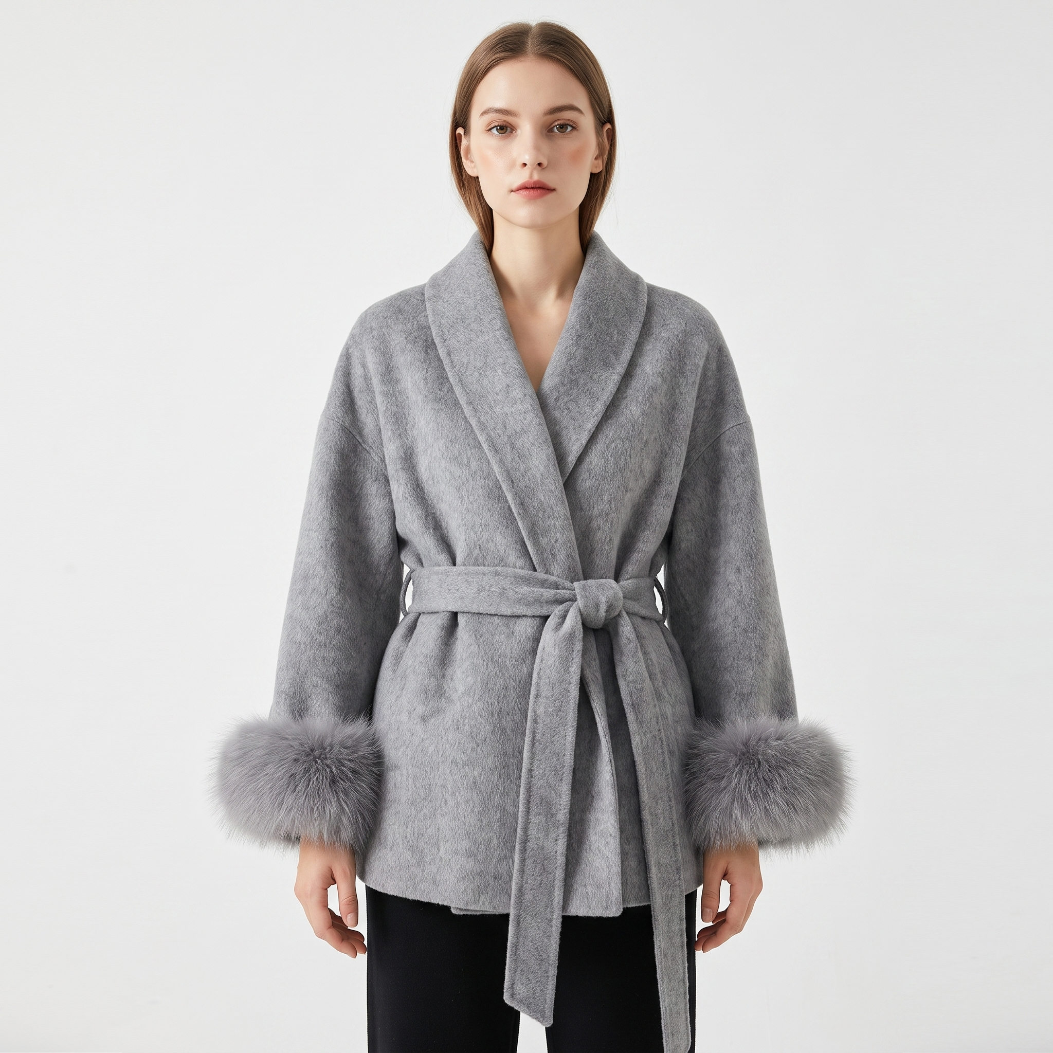 The Marguerite Belted Wrap Coat — front view with tie belt