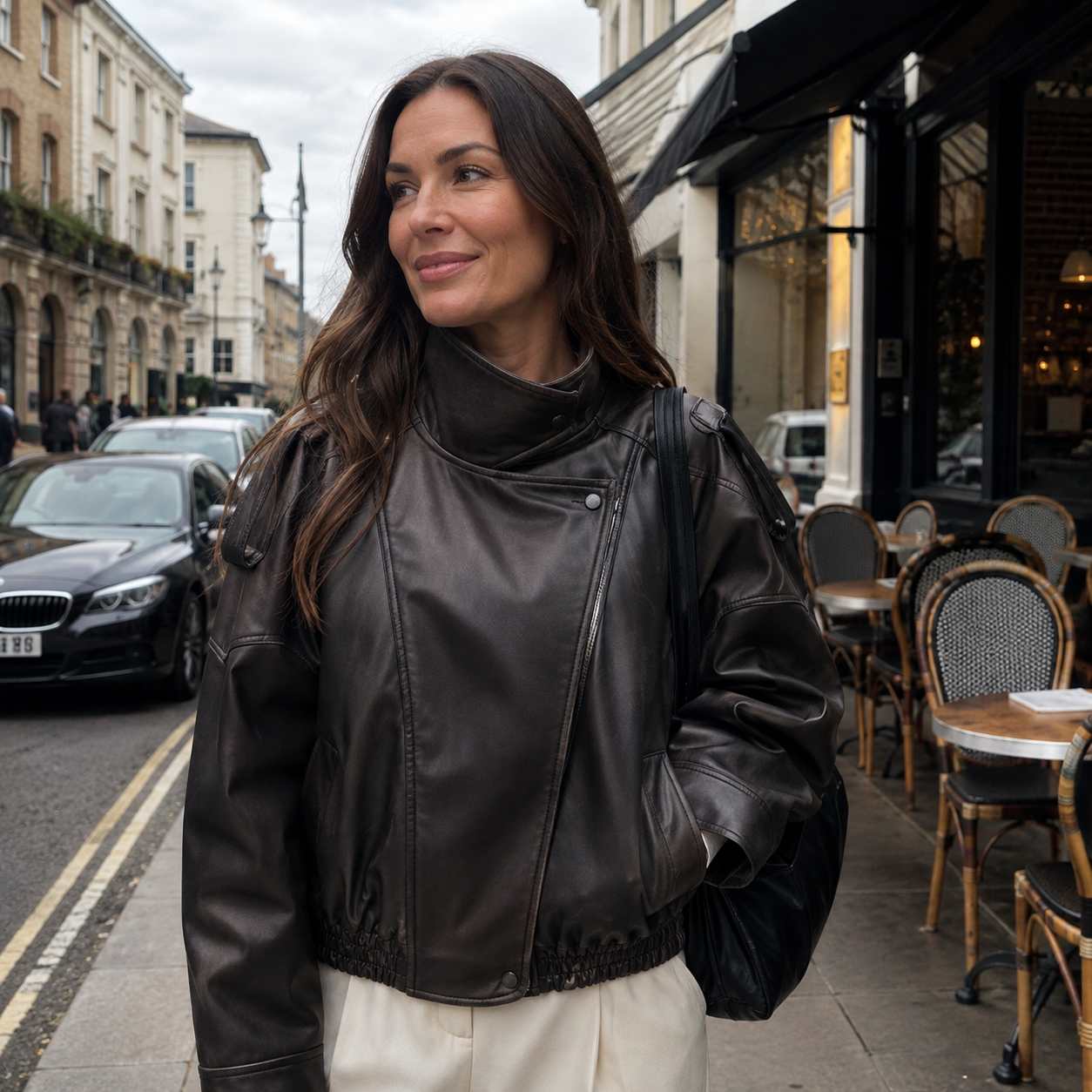 Cropped Faux Leather Bomber Jacket