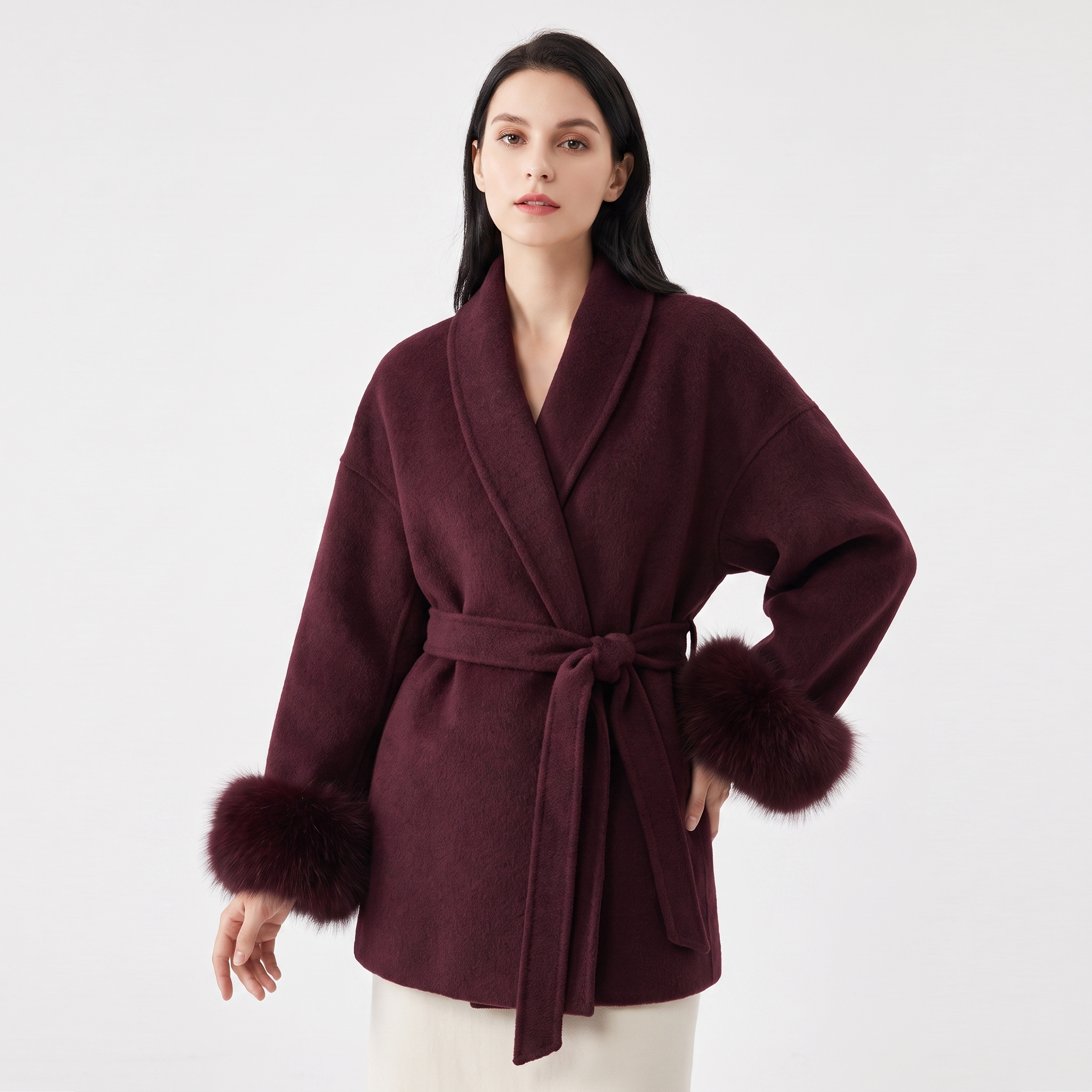 The Marguerite Belted Wrap Coat — shawl collar detail